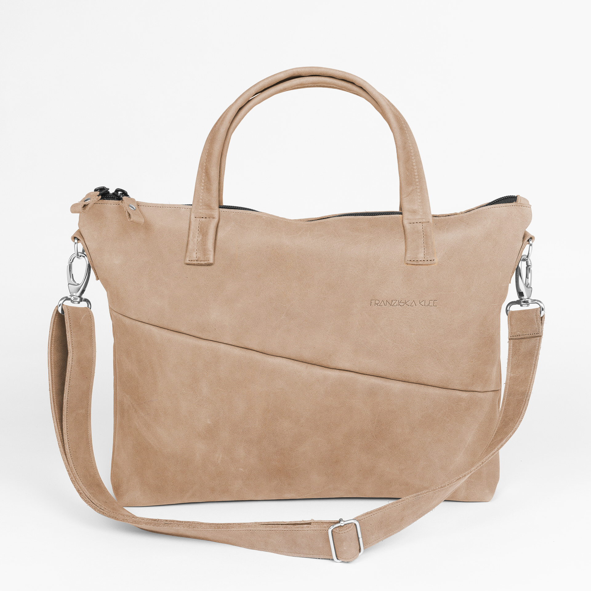 Frontansicht Damenhandtasche ANA mit Schultergurt und Henkeln aus hellbraunem Naturleder