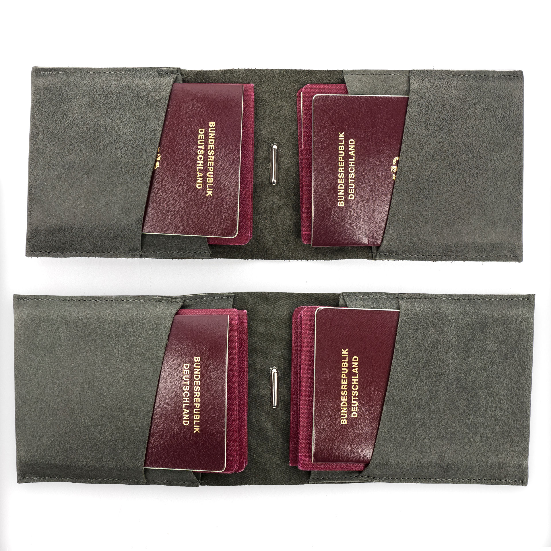 Familienreisepasshüllen EVE aus nachhaltigem Naturleder in Steingrau aufgeklappt mit vier und sechs Reisepässen