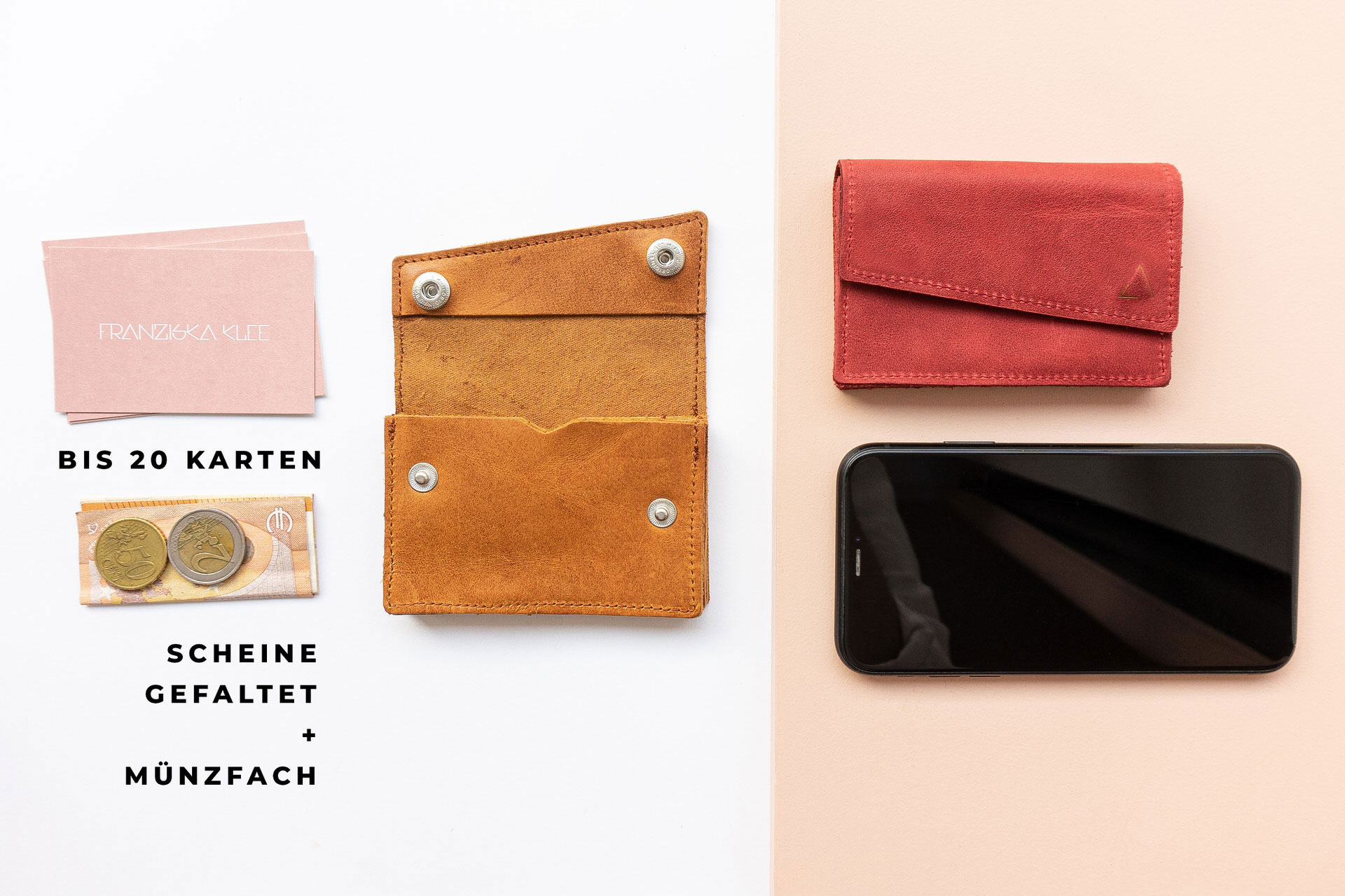 In unser Portemonnaie ENO passen bis zu 20 Karten, einige gefaltete Geldscheine sowie Münzen.