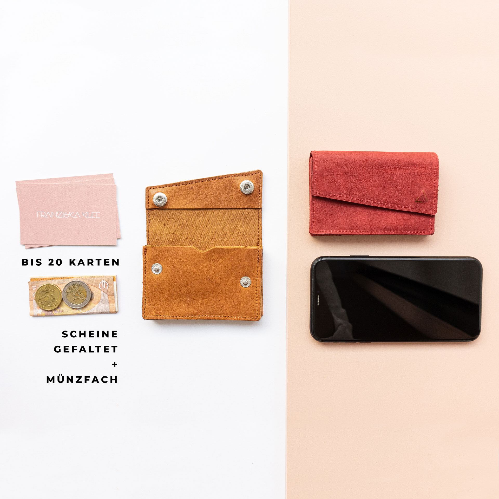 Mini Portemonnaie ENO aus Naturleder in Cognac geölt und Rot mit Platz für bis zu 20 Karten, gefaltene Geldscheine und Münzen in Größenvergleich mit Handy