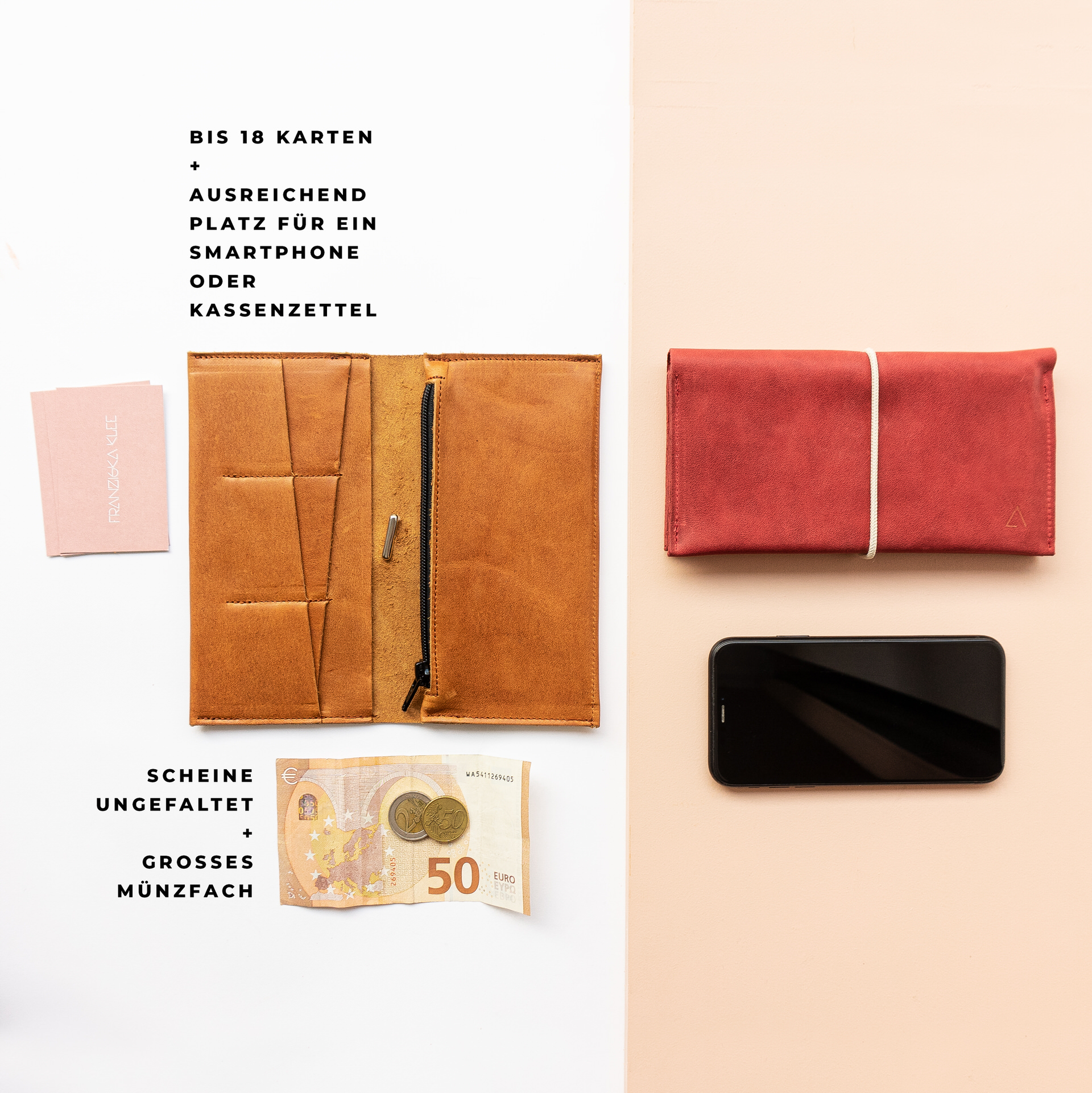 Brieftasche OLI XLARGE mit Platz für bis zu 18 Karten, ungefaltene Geldscheine, ein Smartphone und Kassenzettel mit großem Münzfach im Größenvergleich mit Handy
