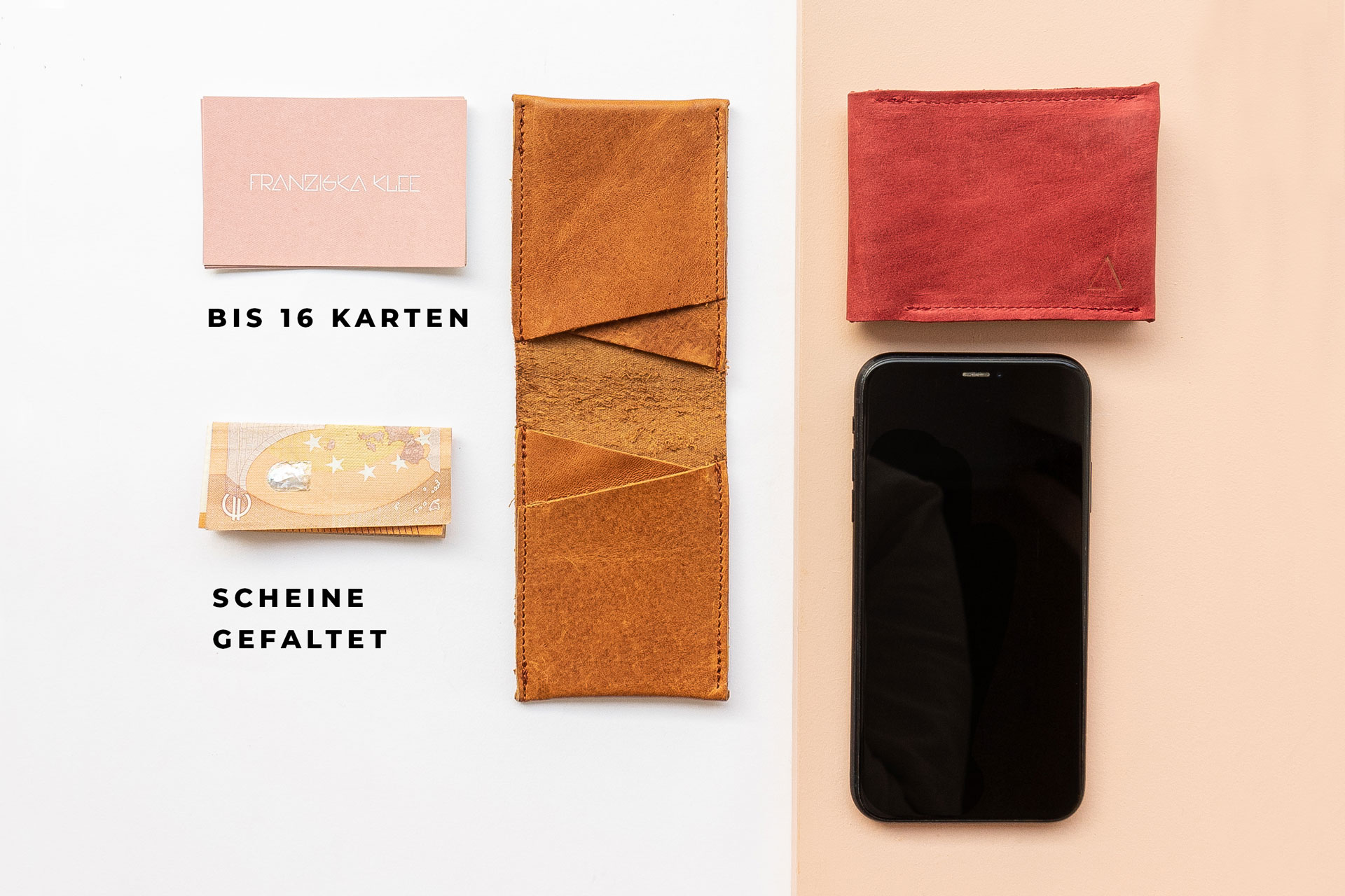 In unser Portemonnaie OLI Small passen bis zu 16 Karten und einige gefaltete Geldscheine.