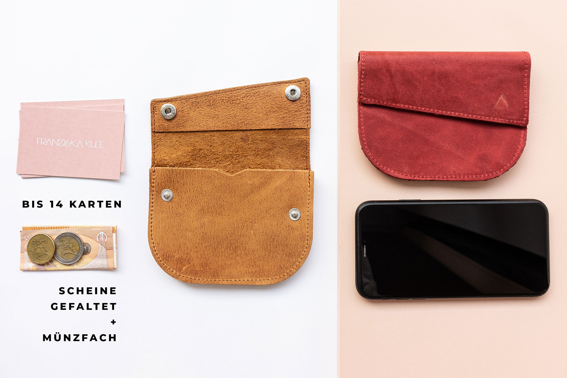 In unser Portemonnaie  UNA passen bis zu 20 Karten, einige gefaltete Geldscheine sowie Münzen.
