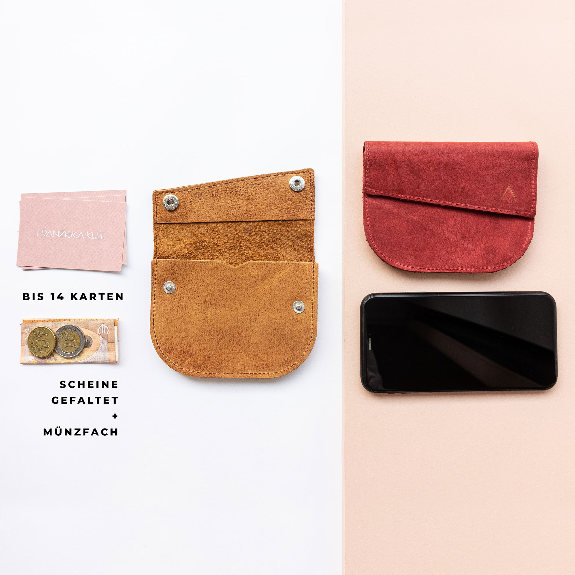 Portemonnaie UNA mit Größenverhältnis zu Handy und Münzen