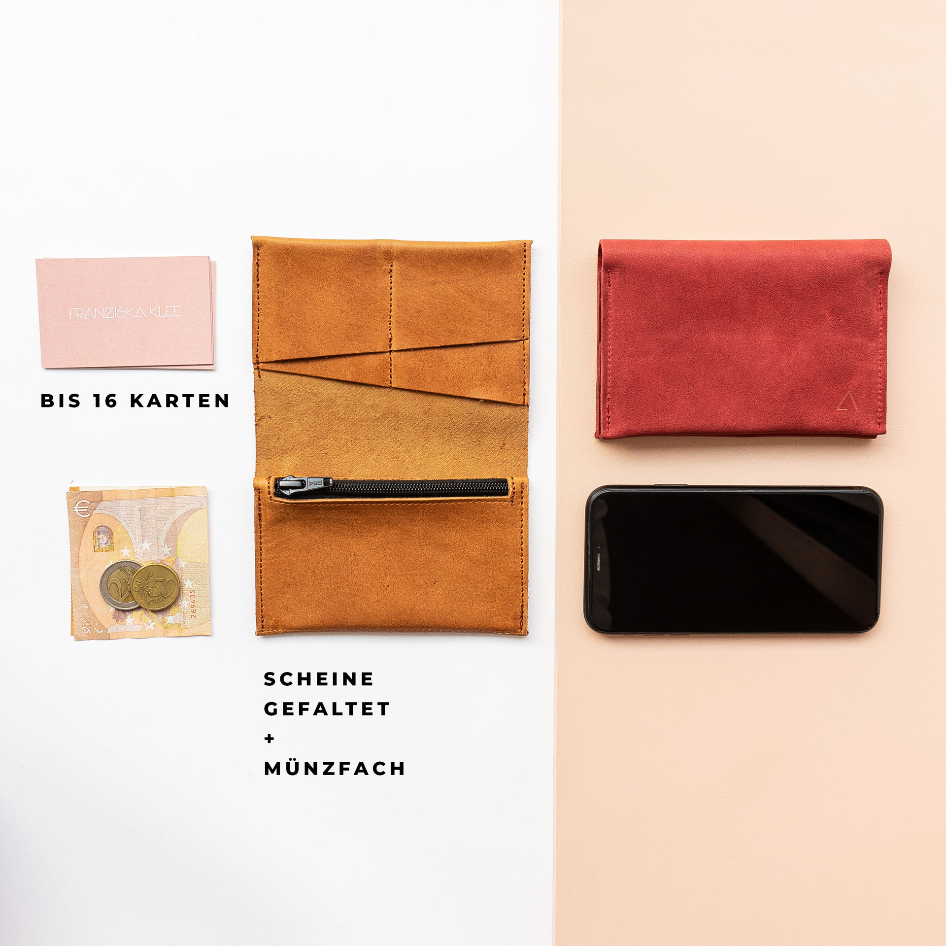 Brieftasche OLI LARGE von Innen mit Platz für bis zu 16 Karten, gefaltene Geldscheine und Münzen im Größenvergleich mit Handy