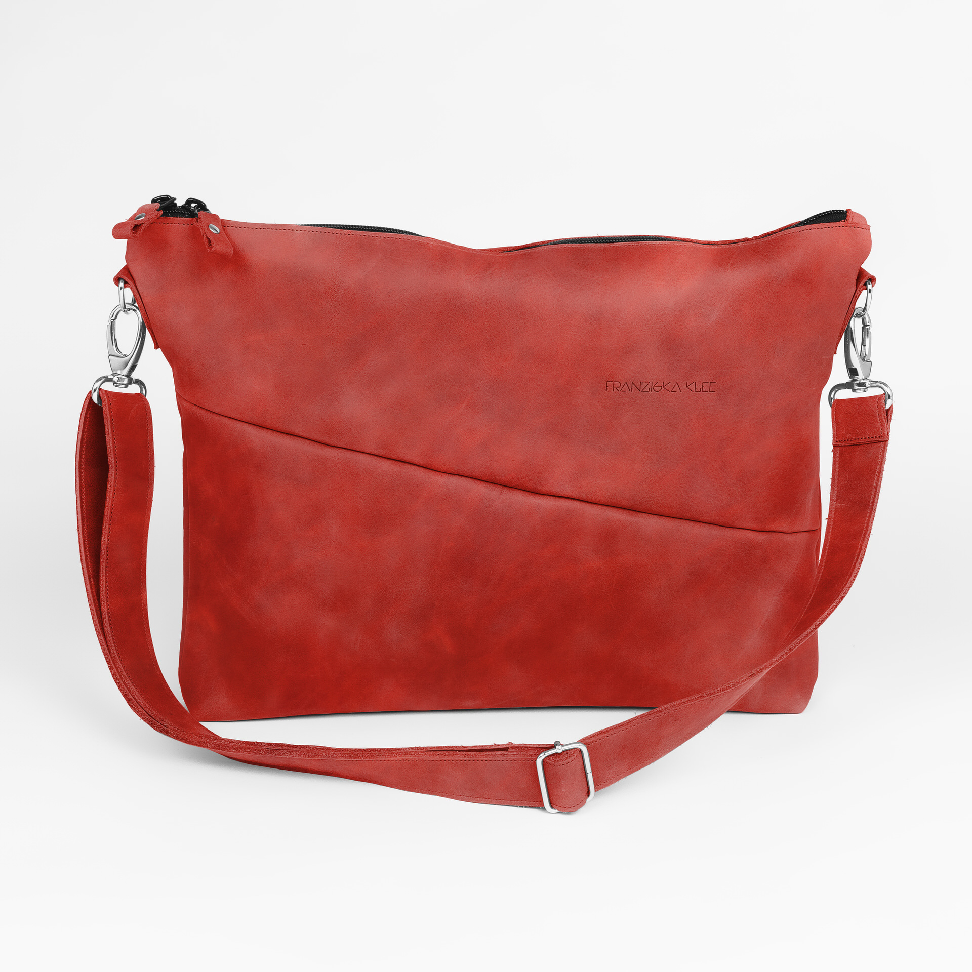 Frontansicht Umhängetasche ANA mit Schultergurt aus rotem Naturleder