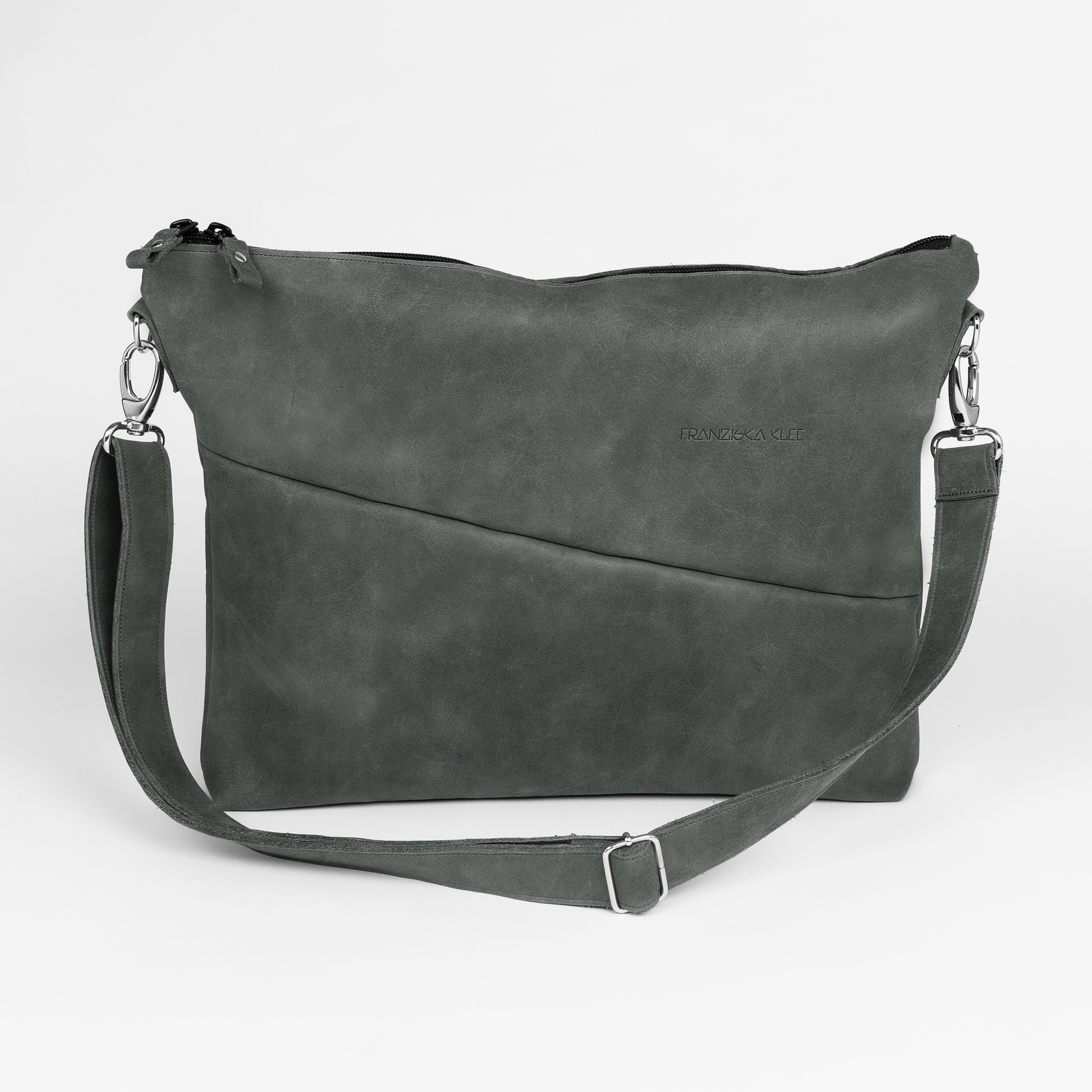 Frontansicht Umhängetasche ANA mit Schultergurt aus steingrauem Naturleder
