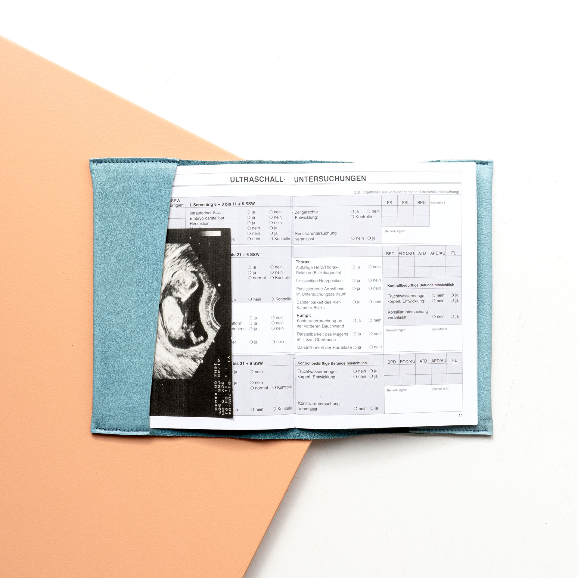 Innenansicht der Mutterpasshülle EVE aus Naturleder in Hellblau mit Mutterpass und Ultraschallbild