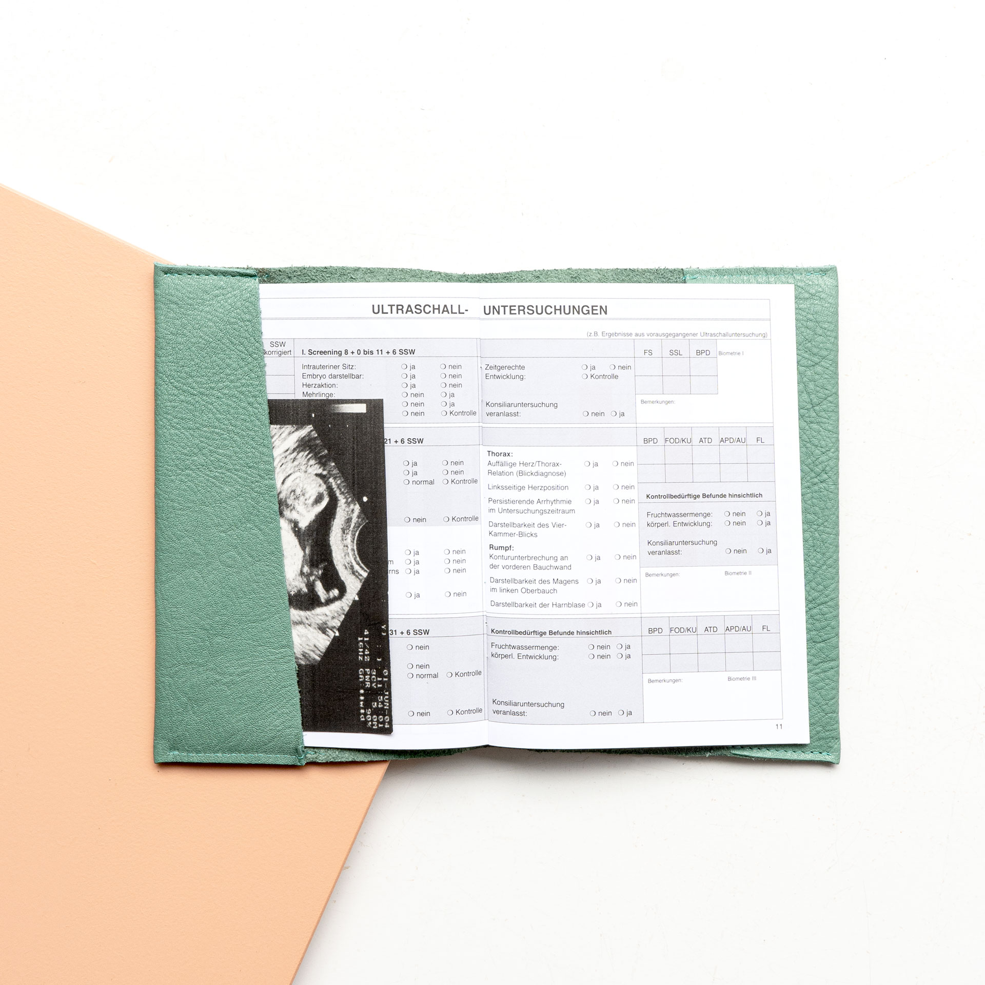 Innenansicht der Mutterpasshülle EVE aus Naturleder in Mint mit Mutterpass und Ultraschallbild