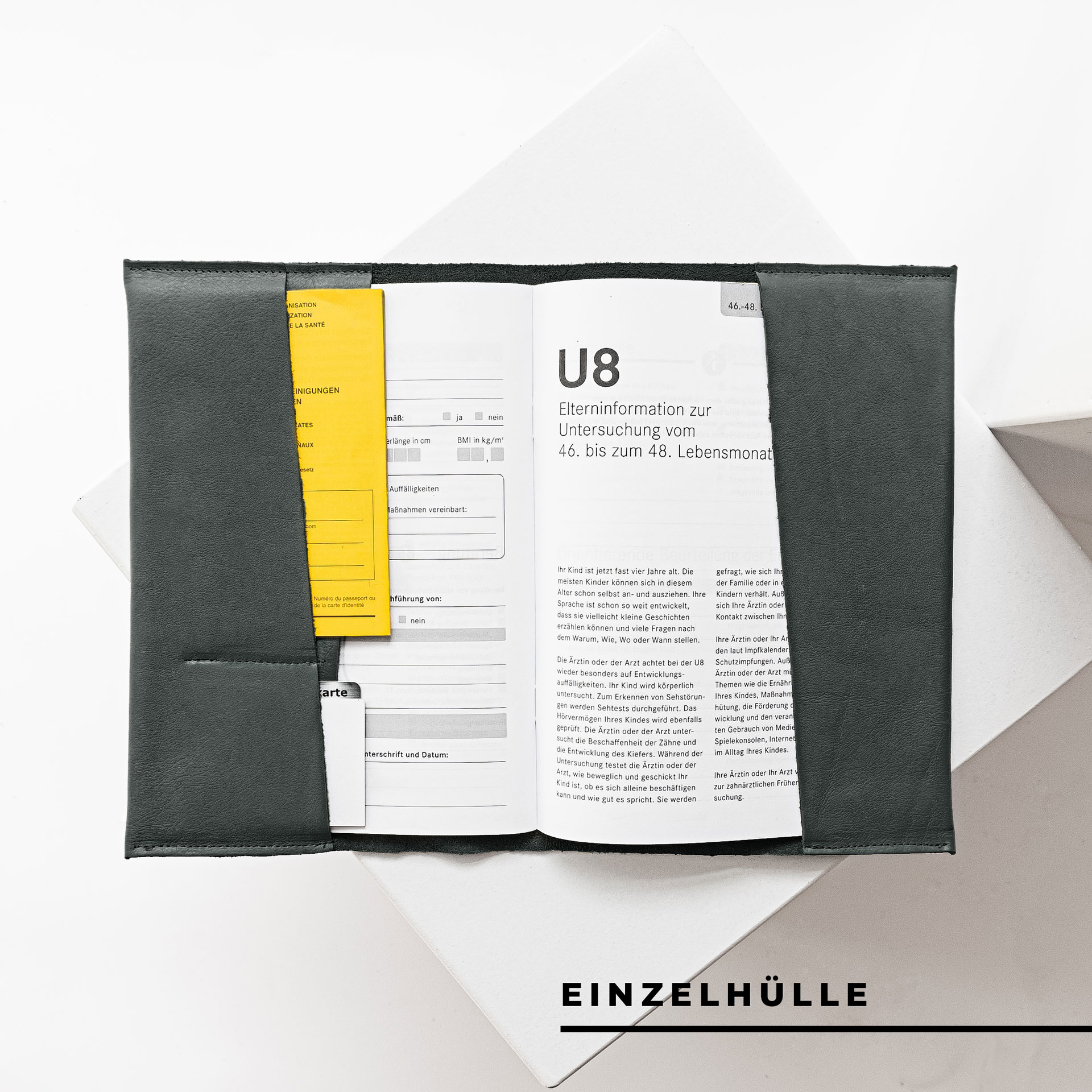 Innenansicht der U-Hefthülle EVE als Einzelhülle aus nachhaltigem Naturleder in Grau mit U-Heft, Impfpass und Versichertenkarte