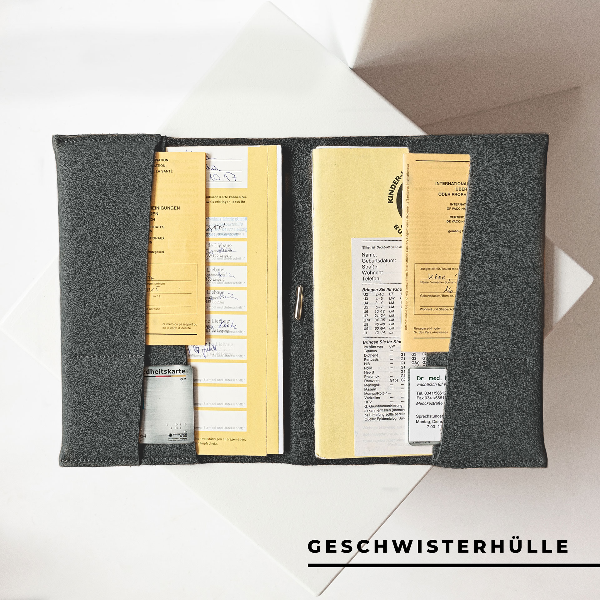 Innenansicht der U-Hefthülle EVE als Geschwisterhülle in Grau mit U-Heften, Impfpässen und Versicherungskarten