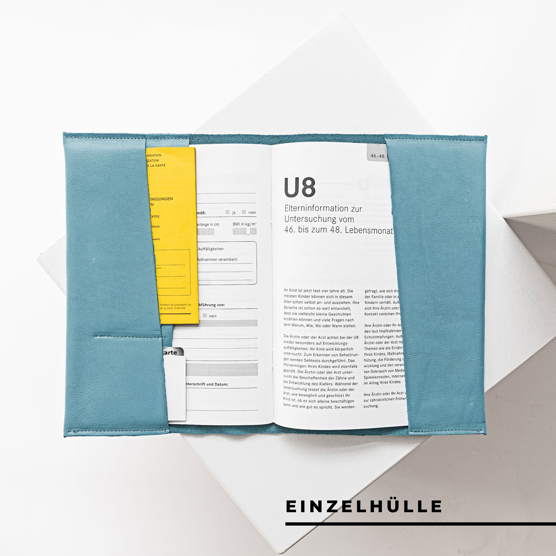 Innenansicht der U-Hefthülle EVE als Einzelhülle aus nachhaltigem Naturleder in Hellblau mit U-Heft, Impfpass und Versicherungskarte