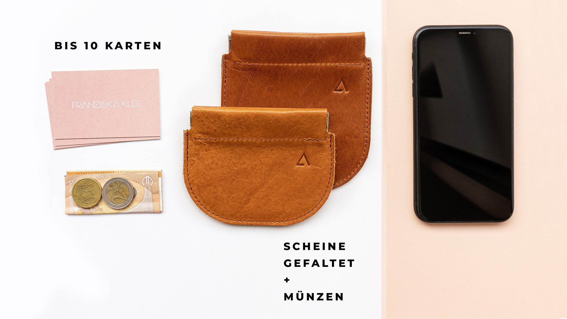 Unser schmales Etui PIP ist wie gemacht für Geldscheine und Münzen, aber auch EC- und Visitenkarten.