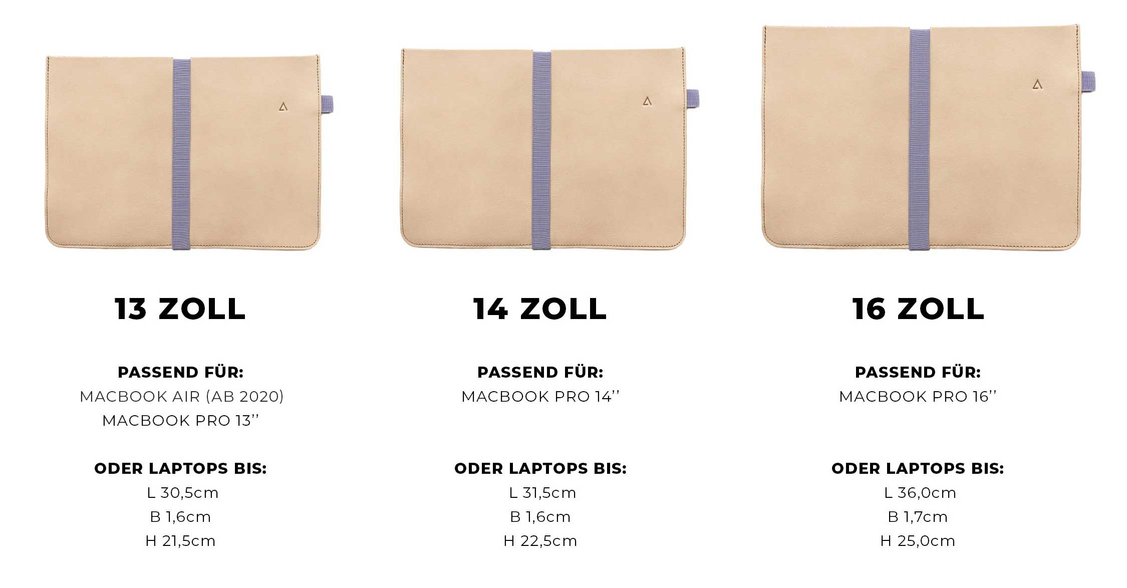In unserer Übersicht lässt sich abgleichen, ob dein Laptop in unser 13-, 14- oder 16-Zoll-Hülle ausreichend Platz findet.